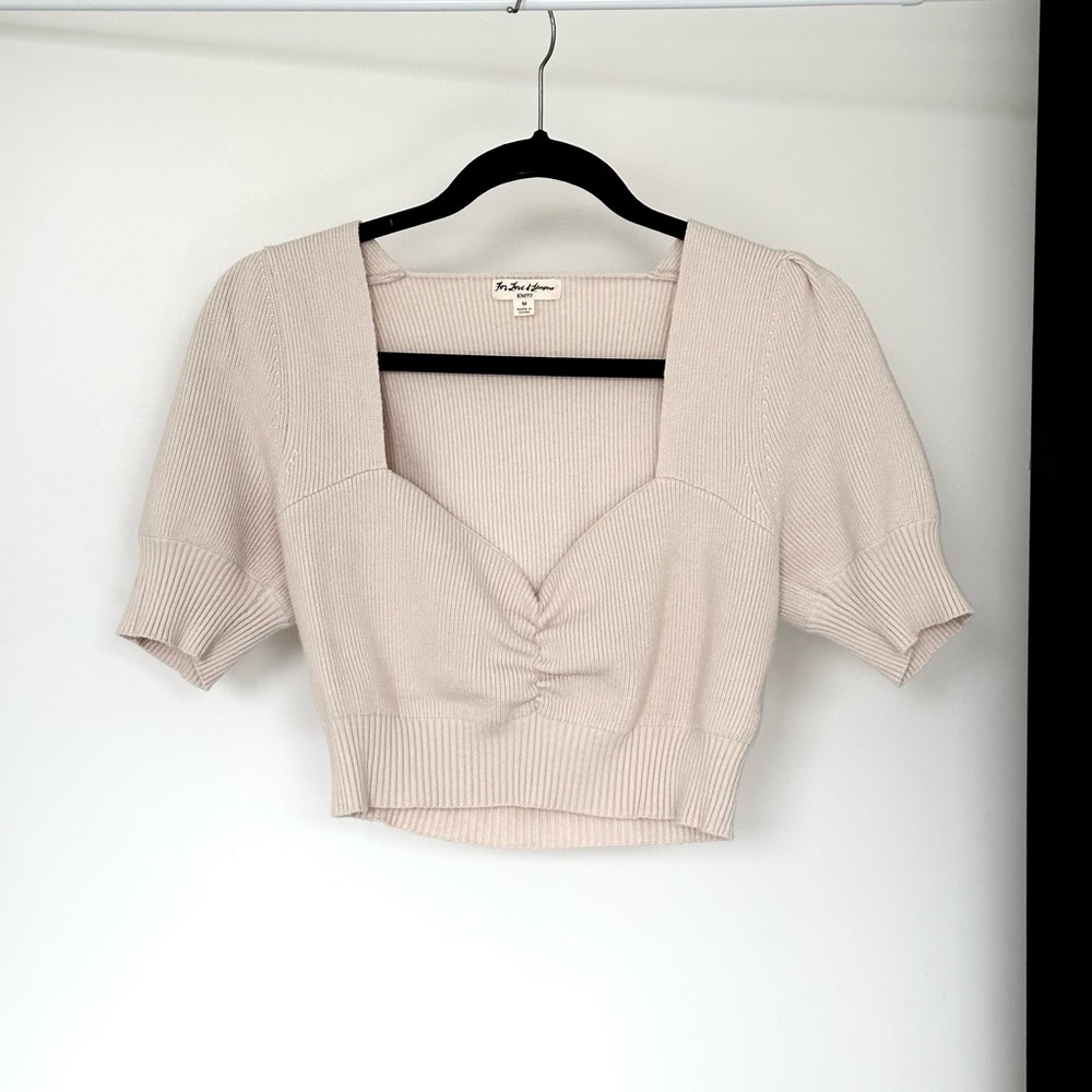 For Love & Lemons Soft Knit Sweetheart Neckline Puffy Sleeve Cropped Top